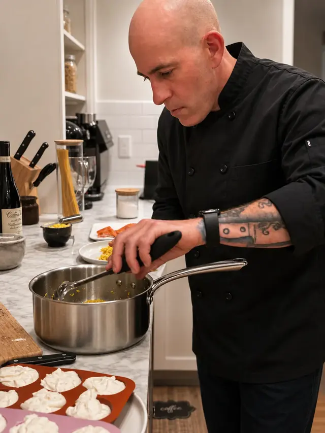 Chef Casey Barella cooking in a home kitchen